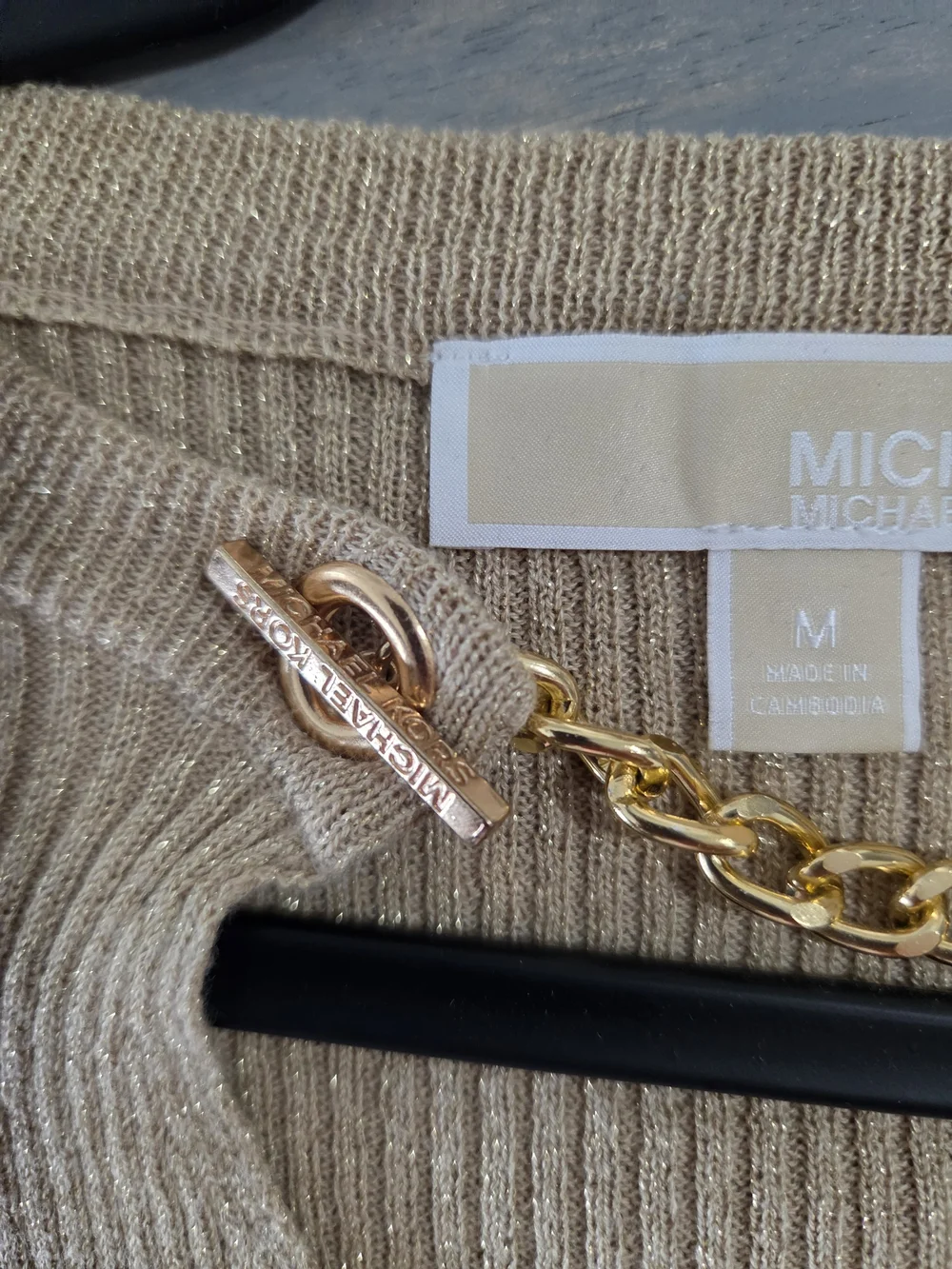 Michael Kors Gold-Trim Beige Ribbed Knit Top